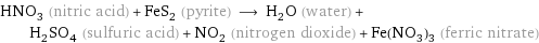 HNO_3 (nitric acid) + FeS_2 (pyrite) ⟶ H_2O (water) + H_2SO_4 (sulfuric acid) + NO_2 (nitrogen dioxide) + Fe(NO_3)_3 (ferric nitrate)