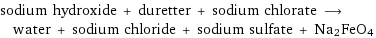 sodium hydroxide + duretter + sodium chlorate ⟶ water + sodium chloride + sodium sulfate + Na2FeO4