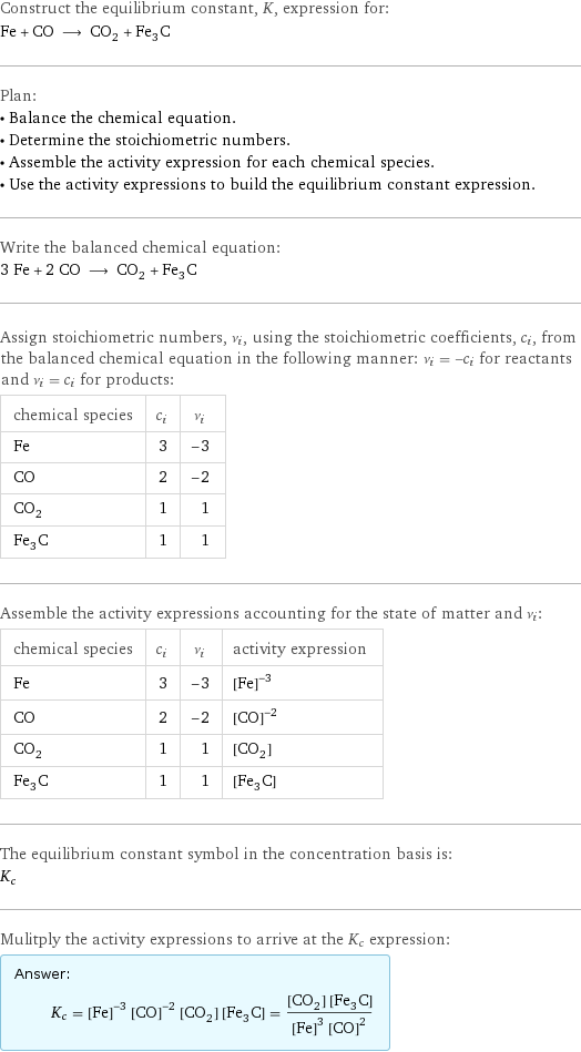 Construct the equilibrium constant, K, expression for: Fe + CO ⟶ CO_2 + Fe_3C Plan: • Balance the chemical equation. • Determine the stoichiometric numbers. • Assemble the activity expression for each chemical species. • Use the activity expressions to build the equilibrium constant expression. Write the balanced chemical equation: 3 Fe + 2 CO ⟶ CO_2 + Fe_3C Assign stoichiometric numbers, ν_i, using the stoichiometric coefficients, c_i, from the balanced chemical equation in the following manner: ν_i = -c_i for reactants and ν_i = c_i for products: chemical species | c_i | ν_i Fe | 3 | -3 CO | 2 | -2 CO_2 | 1 | 1 Fe_3C | 1 | 1 Assemble the activity expressions accounting for the state of matter and ν_i: chemical species | c_i | ν_i | activity expression Fe | 3 | -3 | ([Fe])^(-3) CO | 2 | -2 | ([CO])^(-2) CO_2 | 1 | 1 | [CO2] Fe_3C | 1 | 1 | [Fe3C] The equilibrium constant symbol in the concentration basis is: K_c Mulitply the activity expressions to arrive at the K_c expression: Answer: |   | K_c = ([Fe])^(-3) ([CO])^(-2) [CO2] [Fe3C] = ([CO2] [Fe3C])/(([Fe])^3 ([CO])^2)