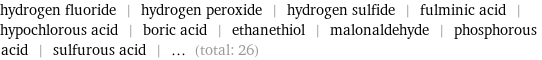 hydrogen fluoride | hydrogen peroxide | hydrogen sulfide | fulminic acid | hypochlorous acid | boric acid | ethanethiol | malonaldehyde | phosphorous acid | sulfurous acid | ... (total: 26)