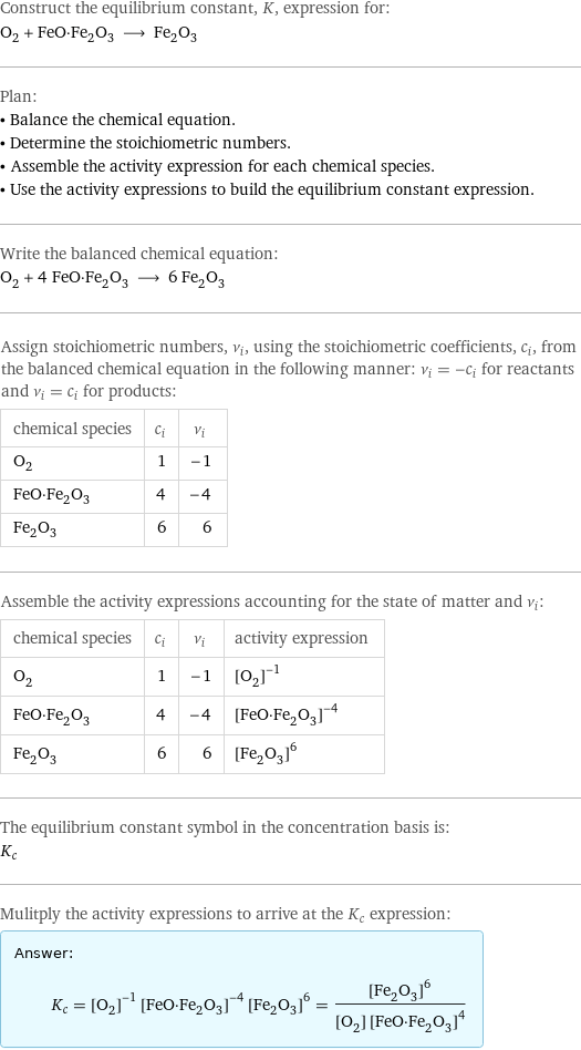 Construct the equilibrium constant, K, expression for: O_2 + FeO·Fe_2O_3 ⟶ Fe_2O_3 Plan: • Balance the chemical equation. • Determine the stoichiometric numbers. • Assemble the activity expression for each chemical species. • Use the activity expressions to build the equilibrium constant expression. Write the balanced chemical equation: O_2 + 4 FeO·Fe_2O_3 ⟶ 6 Fe_2O_3 Assign stoichiometric numbers, ν_i, using the stoichiometric coefficients, c_i, from the balanced chemical equation in the following manner: ν_i = -c_i for reactants and ν_i = c_i for products: chemical species | c_i | ν_i O_2 | 1 | -1 FeO·Fe_2O_3 | 4 | -4 Fe_2O_3 | 6 | 6 Assemble the activity expressions accounting for the state of matter and ν_i: chemical species | c_i | ν_i | activity expression O_2 | 1 | -1 | ([O2])^(-1) FeO·Fe_2O_3 | 4 | -4 | ([FeO·Fe2O3])^(-4) Fe_2O_3 | 6 | 6 | ([Fe2O3])^6 The equilibrium constant symbol in the concentration basis is: K_c Mulitply the activity expressions to arrive at the K_c expression: Answer: |   | K_c = ([O2])^(-1) ([FeO·Fe2O3])^(-4) ([Fe2O3])^6 = ([Fe2O3])^6/([O2] ([FeO·Fe2O3])^4)