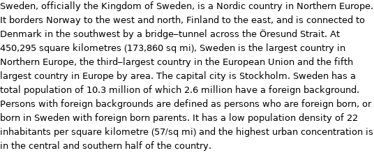 Sweden, officially the Kingdom of Sweden, is a Nordic country in Northern Europe. It borders Norway to the west and north, Finland to the east, and is connected to Denmark in the southwest by a bridge-tunnel across the Öresund Strait. At 450, 295 square kilometres (173, 860 sq mi), Sweden is the largest country in Northern Europe, the third-largest country in the European Union and the fifth largest country in Europe by area. The capital city is Stockholm. Sweden has a total population of 10.3 million of which 2.6 million have a foreign background. Persons with foreign backgrounds are defined as persons who are foreign born, or born in Sweden with foreign born parents. It has a low population density of 22 inhabitants per square kilometre (57/sq mi) and the highest urban concentration is in the central and southern half of the country.