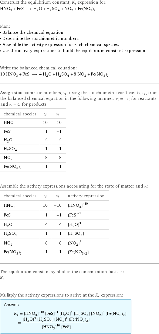 Construct the equilibrium constant, K, expression for: HNO_3 + FeS ⟶ H_2O + H_2SO_4 + NO_2 + Fe(NO_3)_2 Plan: • Balance the chemical equation. • Determine the stoichiometric numbers. • Assemble the activity expression for each chemical species. • Use the activity expressions to build the equilibrium constant expression. Write the balanced chemical equation: 10 HNO_3 + FeS ⟶ 4 H_2O + H_2SO_4 + 8 NO_2 + Fe(NO_3)_2 Assign stoichiometric numbers, ν_i, using the stoichiometric coefficients, c_i, from the balanced chemical equation in the following manner: ν_i = -c_i for reactants and ν_i = c_i for products: chemical species | c_i | ν_i HNO_3 | 10 | -10 FeS | 1 | -1 H_2O | 4 | 4 H_2SO_4 | 1 | 1 NO_2 | 8 | 8 Fe(NO_3)_2 | 1 | 1 Assemble the activity expressions accounting for the state of matter and ν_i: chemical species | c_i | ν_i | activity expression HNO_3 | 10 | -10 | ([HNO3])^(-10) FeS | 1 | -1 | ([FeS])^(-1) H_2O | 4 | 4 | ([H2O])^4 H_2SO_4 | 1 | 1 | [H2SO4] NO_2 | 8 | 8 | ([NO2])^8 Fe(NO_3)_2 | 1 | 1 | [Fe(NO3)2] The equilibrium constant symbol in the concentration basis is: K_c Mulitply the activity expressions to arrive at the K_c expression: Answer: |   | K_c = ([HNO3])^(-10) ([FeS])^(-1) ([H2O])^4 [H2SO4] ([NO2])^8 [Fe(NO3)2] = (([H2O])^4 [H2SO4] ([NO2])^8 [Fe(NO3)2])/(([HNO3])^10 [FeS])