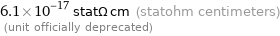 6.1×10^-17 statΩ cm (statohm centimeters)  (unit officially deprecated)