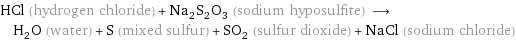 HCl (hydrogen chloride) + Na_2S_2O_3 (sodium hyposulfite) ⟶ H_2O (water) + S (mixed sulfur) + SO_2 (sulfur dioxide) + NaCl (sodium chloride)