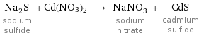 Na_2S sodium sulfide + Cd(NO3)2 ⟶ NaNO_3 sodium nitrate + CdS cadmium sulfide