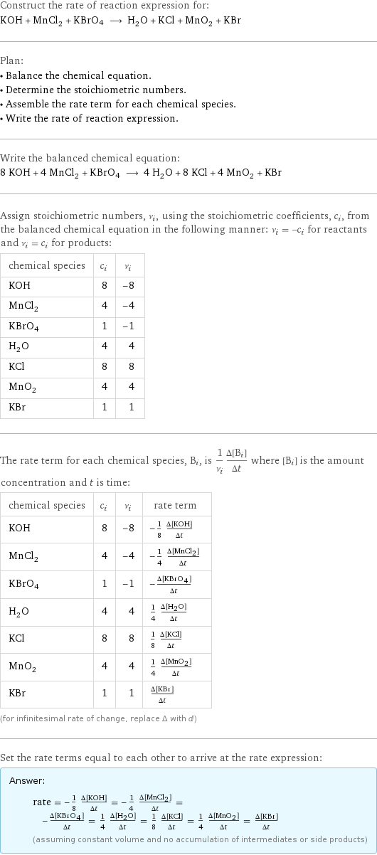 Construct the rate of reaction expression for: KOH + MnCl_2 + KBrO4 ⟶ H_2O + KCl + MnO_2 + KBr Plan: • Balance the chemical equation. • Determine the stoichiometric numbers. • Assemble the rate term for each chemical species. • Write the rate of reaction expression. Write the balanced chemical equation: 8 KOH + 4 MnCl_2 + KBrO4 ⟶ 4 H_2O + 8 KCl + 4 MnO_2 + KBr Assign stoichiometric numbers, ν_i, using the stoichiometric coefficients, c_i, from the balanced chemical equation in the following manner: ν_i = -c_i for reactants and ν_i = c_i for products: chemical species | c_i | ν_i KOH | 8 | -8 MnCl_2 | 4 | -4 KBrO4 | 1 | -1 H_2O | 4 | 4 KCl | 8 | 8 MnO_2 | 4 | 4 KBr | 1 | 1 The rate term for each chemical species, B_i, is 1/ν_i(Δ[B_i])/(Δt) where [B_i] is the amount concentration and t is time: chemical species | c_i | ν_i | rate term KOH | 8 | -8 | -1/8 (Δ[KOH])/(Δt) MnCl_2 | 4 | -4 | -1/4 (Δ[MnCl2])/(Δt) KBrO4 | 1 | -1 | -(Δ[KBrO4])/(Δt) H_2O | 4 | 4 | 1/4 (Δ[H2O])/(Δt) KCl | 8 | 8 | 1/8 (Δ[KCl])/(Δt) MnO_2 | 4 | 4 | 1/4 (Δ[MnO2])/(Δt) KBr | 1 | 1 | (Δ[KBr])/(Δt) (for infinitesimal rate of change, replace Δ with d) Set the rate terms equal to each other to arrive at the rate expression: Answer: |   | rate = -1/8 (Δ[KOH])/(Δt) = -1/4 (Δ[MnCl2])/(Δt) = -(Δ[KBrO4])/(Δt) = 1/4 (Δ[H2O])/(Δt) = 1/8 (Δ[KCl])/(Δt) = 1/4 (Δ[MnO2])/(Δt) = (Δ[KBr])/(Δt) (assuming constant volume and no accumulation of intermediates or side products)