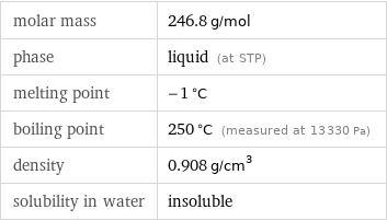 molar mass | 246.8 g/mol phase | liquid (at STP) melting point | -1 °C boiling point | 250 °C (measured at 13330 Pa) density | 0.908 g/cm^3 solubility in water | insoluble