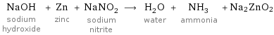 NaOH sodium hydroxide + Zn zinc + NaNO_2 sodium nitrite ⟶ H_2O water + NH_3 ammonia + Na2ZnO2