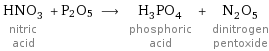 HNO_3 nitric acid + P2O5 ⟶ H_3PO_4 phosphoric acid + N_2O_5 dinitrogen pentoxide