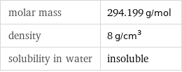 molar mass | 294.199 g/mol density | 8 g/cm^3 solubility in water | insoluble