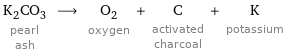 K_2CO_3 pearl ash ⟶ O_2 oxygen + C activated charcoal + K potassium