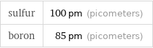 sulfur | 100 pm (picometers) boron | 85 pm (picometers)