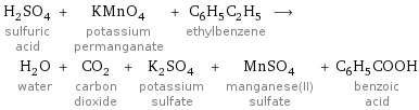 H_2SO_4 sulfuric acid + KMnO_4 potassium permanganate + C_6H_5C_2H_5 ethylbenzene ⟶ H_2O water + CO_2 carbon dioxide + K_2SO_4 potassium sulfate + MnSO_4 manganese(II) sulfate + C_6H_5COOH benzoic acid