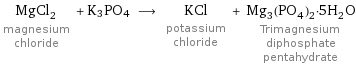 MgCl_2 magnesium chloride + K3PO4 ⟶ KCl potassium chloride + Mg_3(PO_4)_2·5H_2O Trimagnesium diphosphate pentahydrate