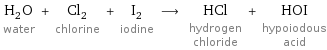 H_2O water + Cl_2 chlorine + I_2 iodine ⟶ HCl hydrogen chloride + HOI hypoiodous acid