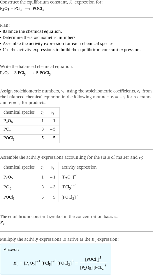 Construct the equilibrium constant, K, expression for: P2O5 + PCl_5 ⟶ POCl_3 Plan: • Balance the chemical equation. • Determine the stoichiometric numbers. • Assemble the activity expression for each chemical species. • Use the activity expressions to build the equilibrium constant expression. Write the balanced chemical equation: P2O5 + 3 PCl_5 ⟶ 5 POCl_3 Assign stoichiometric numbers, ν_i, using the stoichiometric coefficients, c_i, from the balanced chemical equation in the following manner: ν_i = -c_i for reactants and ν_i = c_i for products: chemical species | c_i | ν_i P2O5 | 1 | -1 PCl_5 | 3 | -3 POCl_3 | 5 | 5 Assemble the activity expressions accounting for the state of matter and ν_i: chemical species | c_i | ν_i | activity expression P2O5 | 1 | -1 | ([P2O5])^(-1) PCl_5 | 3 | -3 | ([PCl5])^(-3) POCl_3 | 5 | 5 | ([POCl3])^5 The equilibrium constant symbol in the concentration basis is: K_c Mulitply the activity expressions to arrive at the K_c expression: Answer: |   | K_c = ([P2O5])^(-1) ([PCl5])^(-3) ([POCl3])^5 = ([POCl3])^5/([P2O5] ([PCl5])^3)