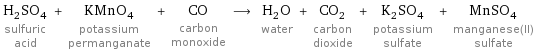 H_2SO_4 sulfuric acid + KMnO_4 potassium permanganate + CO carbon monoxide ⟶ H_2O water + CO_2 carbon dioxide + K_2SO_4 potassium sulfate + MnSO_4 manganese(II) sulfate