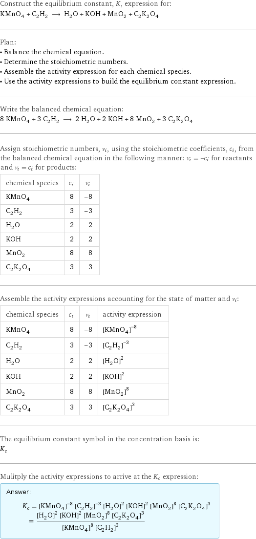 Construct the equilibrium constant, K, expression for: KMnO_4 + C_2H_2 ⟶ H_2O + KOH + MnO_2 + C_2K_2O_4 Plan: • Balance the chemical equation. • Determine the stoichiometric numbers. • Assemble the activity expression for each chemical species. • Use the activity expressions to build the equilibrium constant expression. Write the balanced chemical equation: 8 KMnO_4 + 3 C_2H_2 ⟶ 2 H_2O + 2 KOH + 8 MnO_2 + 3 C_2K_2O_4 Assign stoichiometric numbers, ν_i, using the stoichiometric coefficients, c_i, from the balanced chemical equation in the following manner: ν_i = -c_i for reactants and ν_i = c_i for products: chemical species | c_i | ν_i KMnO_4 | 8 | -8 C_2H_2 | 3 | -3 H_2O | 2 | 2 KOH | 2 | 2 MnO_2 | 8 | 8 C_2K_2O_4 | 3 | 3 Assemble the activity expressions accounting for the state of matter and ν_i: chemical species | c_i | ν_i | activity expression KMnO_4 | 8 | -8 | ([KMnO4])^(-8) C_2H_2 | 3 | -3 | ([C2H2])^(-3) H_2O | 2 | 2 | ([H2O])^2 KOH | 2 | 2 | ([KOH])^2 MnO_2 | 8 | 8 | ([MnO2])^8 C_2K_2O_4 | 3 | 3 | ([C2K2O4])^3 The equilibrium constant symbol in the concentration basis is: K_c Mulitply the activity expressions to arrive at the K_c expression: Answer: |   | K_c = ([KMnO4])^(-8) ([C2H2])^(-3) ([H2O])^2 ([KOH])^2 ([MnO2])^8 ([C2K2O4])^3 = (([H2O])^2 ([KOH])^2 ([MnO2])^8 ([C2K2O4])^3)/(([KMnO4])^8 ([C2H2])^3)