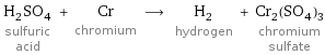 H_2SO_4 sulfuric acid + Cr chromium ⟶ H_2 hydrogen + Cr_2(SO_4)_3 chromium sulfate