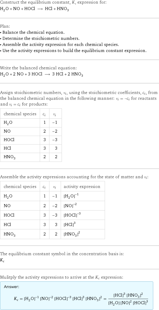 Construct the equilibrium constant, K, expression for: H_2O + NO + HOCl ⟶ HCl + HNO_3 Plan: • Balance the chemical equation. • Determine the stoichiometric numbers. • Assemble the activity expression for each chemical species. • Use the activity expressions to build the equilibrium constant expression. Write the balanced chemical equation: H_2O + 2 NO + 3 HOCl ⟶ 3 HCl + 2 HNO_3 Assign stoichiometric numbers, ν_i, using the stoichiometric coefficients, c_i, from the balanced chemical equation in the following manner: ν_i = -c_i for reactants and ν_i = c_i for products: chemical species | c_i | ν_i H_2O | 1 | -1 NO | 2 | -2 HOCl | 3 | -3 HCl | 3 | 3 HNO_3 | 2 | 2 Assemble the activity expressions accounting for the state of matter and ν_i: chemical species | c_i | ν_i | activity expression H_2O | 1 | -1 | ([H2O])^(-1) NO | 2 | -2 | ([NO])^(-2) HOCl | 3 | -3 | ([HOCl])^(-3) HCl | 3 | 3 | ([HCl])^3 HNO_3 | 2 | 2 | ([HNO3])^2 The equilibrium constant symbol in the concentration basis is: K_c Mulitply the activity expressions to arrive at the K_c expression: Answer: |   | K_c = ([H2O])^(-1) ([NO])^(-2) ([HOCl])^(-3) ([HCl])^3 ([HNO3])^2 = (([HCl])^3 ([HNO3])^2)/([H2O] ([NO])^2 ([HOCl])^3)