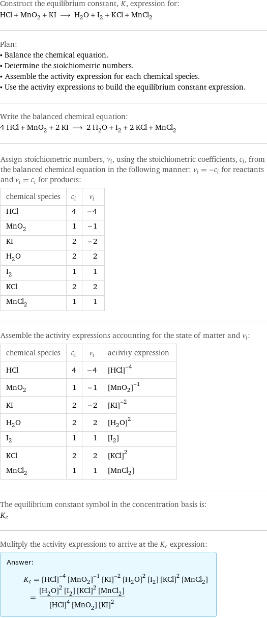 Construct the equilibrium constant, K, expression for: HCl + MnO_2 + KI ⟶ H_2O + I_2 + KCl + MnCl_2 Plan: • Balance the chemical equation. • Determine the stoichiometric numbers. • Assemble the activity expression for each chemical species. • Use the activity expressions to build the equilibrium constant expression. Write the balanced chemical equation: 4 HCl + MnO_2 + 2 KI ⟶ 2 H_2O + I_2 + 2 KCl + MnCl_2 Assign stoichiometric numbers, ν_i, using the stoichiometric coefficients, c_i, from the balanced chemical equation in the following manner: ν_i = -c_i for reactants and ν_i = c_i for products: chemical species | c_i | ν_i HCl | 4 | -4 MnO_2 | 1 | -1 KI | 2 | -2 H_2O | 2 | 2 I_2 | 1 | 1 KCl | 2 | 2 MnCl_2 | 1 | 1 Assemble the activity expressions accounting for the state of matter and ν_i: chemical species | c_i | ν_i | activity expression HCl | 4 | -4 | ([HCl])^(-4) MnO_2 | 1 | -1 | ([MnO2])^(-1) KI | 2 | -2 | ([KI])^(-2) H_2O | 2 | 2 | ([H2O])^2 I_2 | 1 | 1 | [I2] KCl | 2 | 2 | ([KCl])^2 MnCl_2 | 1 | 1 | [MnCl2] The equilibrium constant symbol in the concentration basis is: K_c Mulitply the activity expressions to arrive at the K_c expression: Answer: |   | K_c = ([HCl])^(-4) ([MnO2])^(-1) ([KI])^(-2) ([H2O])^2 [I2] ([KCl])^2 [MnCl2] = (([H2O])^2 [I2] ([KCl])^2 [MnCl2])/(([HCl])^4 [MnO2] ([KI])^2)