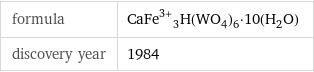 formula | CaFe^(3+)_3H(WO_4)_6·10(H_2O) discovery year | 1984