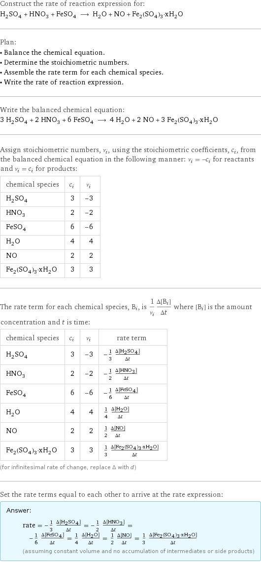 Construct the rate of reaction expression for: H_2SO_4 + HNO_3 + FeSO_4 ⟶ H_2O + NO + Fe_2(SO_4)_3·xH_2O Plan: • Balance the chemical equation. • Determine the stoichiometric numbers. • Assemble the rate term for each chemical species. • Write the rate of reaction expression. Write the balanced chemical equation: 3 H_2SO_4 + 2 HNO_3 + 6 FeSO_4 ⟶ 4 H_2O + 2 NO + 3 Fe_2(SO_4)_3·xH_2O Assign stoichiometric numbers, ν_i, using the stoichiometric coefficients, c_i, from the balanced chemical equation in the following manner: ν_i = -c_i for reactants and ν_i = c_i for products: chemical species | c_i | ν_i H_2SO_4 | 3 | -3 HNO_3 | 2 | -2 FeSO_4 | 6 | -6 H_2O | 4 | 4 NO | 2 | 2 Fe_2(SO_4)_3·xH_2O | 3 | 3 The rate term for each chemical species, B_i, is 1/ν_i(Δ[B_i])/(Δt) where [B_i] is the amount concentration and t is time: chemical species | c_i | ν_i | rate term H_2SO_4 | 3 | -3 | -1/3 (Δ[H2SO4])/(Δt) HNO_3 | 2 | -2 | -1/2 (Δ[HNO3])/(Δt) FeSO_4 | 6 | -6 | -1/6 (Δ[FeSO4])/(Δt) H_2O | 4 | 4 | 1/4 (Δ[H2O])/(Δt) NO | 2 | 2 | 1/2 (Δ[NO])/(Δt) Fe_2(SO_4)_3·xH_2O | 3 | 3 | 1/3 (Δ[Fe2(SO4)3·xH2O])/(Δt) (for infinitesimal rate of change, replace Δ with d) Set the rate terms equal to each other to arrive at the rate expression: Answer: |   | rate = -1/3 (Δ[H2SO4])/(Δt) = -1/2 (Δ[HNO3])/(Δt) = -1/6 (Δ[FeSO4])/(Δt) = 1/4 (Δ[H2O])/(Δt) = 1/2 (Δ[NO])/(Δt) = 1/3 (Δ[Fe2(SO4)3·xH2O])/(Δt) (assuming constant volume and no accumulation of intermediates or side products)