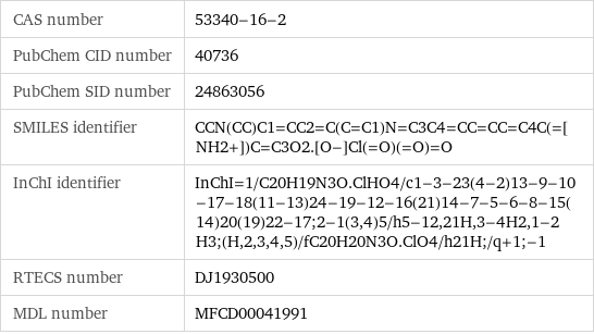 CAS number | 53340-16-2 PubChem CID number | 40736 PubChem SID number | 24863056 SMILES identifier | CCN(CC)C1=CC2=C(C=C1)N=C3C4=CC=CC=C4C(=[NH2+])C=C3O2.[O-]Cl(=O)(=O)=O InChI identifier | InChI=1/C20H19N3O.ClHO4/c1-3-23(4-2)13-9-10-17-18(11-13)24-19-12-16(21)14-7-5-6-8-15(14)20(19)22-17;2-1(3, 4)5/h5-12, 21H, 3-4H2, 1-2H3;(H, 2, 3, 4, 5)/fC20H20N3O.ClO4/h21H;/q+1;-1 RTECS number | DJ1930500 MDL number | MFCD00041991