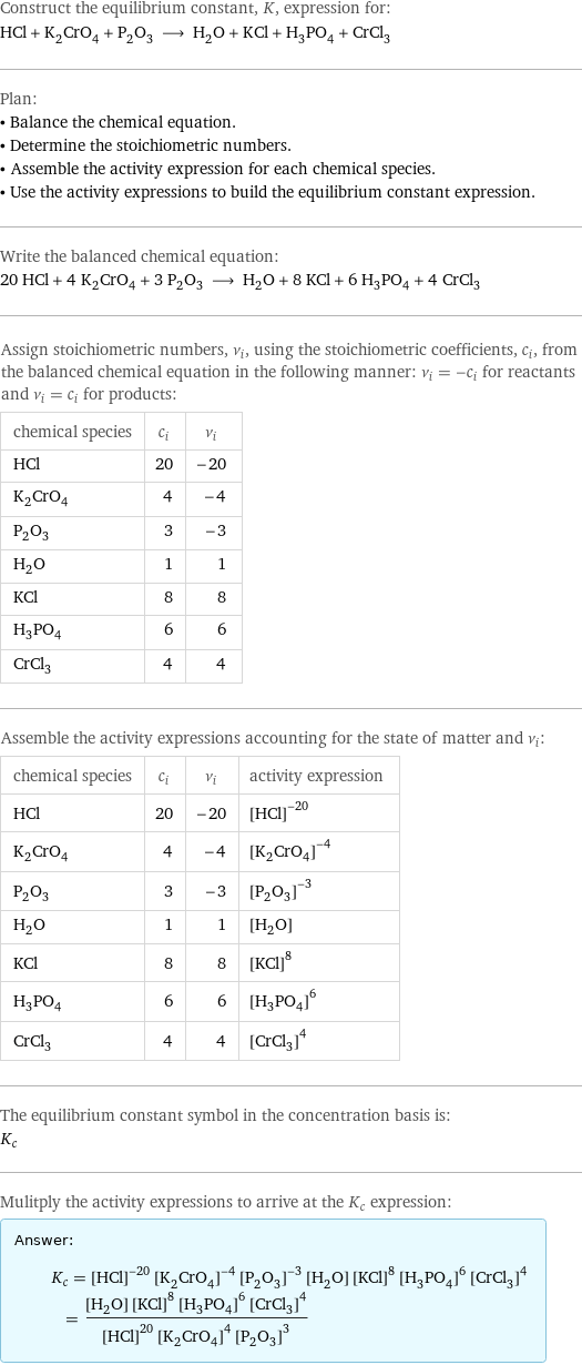 Construct the equilibrium constant, K, expression for: HCl + K_2CrO_4 + P_2O_3 ⟶ H_2O + KCl + H_3PO_4 + CrCl_3 Plan: • Balance the chemical equation. • Determine the stoichiometric numbers. • Assemble the activity expression for each chemical species. • Use the activity expressions to build the equilibrium constant expression. Write the balanced chemical equation: 20 HCl + 4 K_2CrO_4 + 3 P_2O_3 ⟶ H_2O + 8 KCl + 6 H_3PO_4 + 4 CrCl_3 Assign stoichiometric numbers, ν_i, using the stoichiometric coefficients, c_i, from the balanced chemical equation in the following manner: ν_i = -c_i for reactants and ν_i = c_i for products: chemical species | c_i | ν_i HCl | 20 | -20 K_2CrO_4 | 4 | -4 P_2O_3 | 3 | -3 H_2O | 1 | 1 KCl | 8 | 8 H_3PO_4 | 6 | 6 CrCl_3 | 4 | 4 Assemble the activity expressions accounting for the state of matter and ν_i: chemical species | c_i | ν_i | activity expression HCl | 20 | -20 | ([HCl])^(-20) K_2CrO_4 | 4 | -4 | ([K2CrO4])^(-4) P_2O_3 | 3 | -3 | ([P2O3])^(-3) H_2O | 1 | 1 | [H2O] KCl | 8 | 8 | ([KCl])^8 H_3PO_4 | 6 | 6 | ([H3PO4])^6 CrCl_3 | 4 | 4 | ([CrCl3])^4 The equilibrium constant symbol in the concentration basis is: K_c Mulitply the activity expressions to arrive at the K_c expression: Answer: |   | K_c = ([HCl])^(-20) ([K2CrO4])^(-4) ([P2O3])^(-3) [H2O] ([KCl])^8 ([H3PO4])^6 ([CrCl3])^4 = ([H2O] ([KCl])^8 ([H3PO4])^6 ([CrCl3])^4)/(([HCl])^20 ([K2CrO4])^4 ([P2O3])^3)