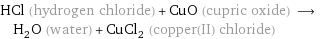 HCl (hydrogen chloride) + CuO (cupric oxide) ⟶ H_2O (water) + CuCl_2 (copper(II) chloride)