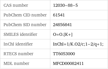 CAS number | 12030-88-5 PubChem CID number | 61541 PubChem SID number | 24856841 SMILES identifier | O=O.[K+] InChI identifier | InChI=1/K.O2/c;1-2/q+1; RTECS number | TT6053000 MDL number | MFCD00082411