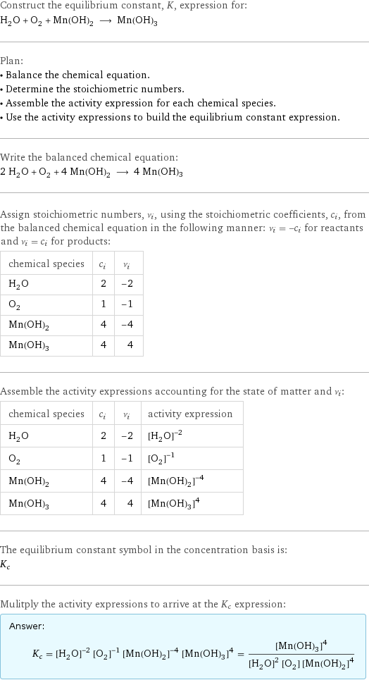 Construct the equilibrium constant, K, expression for: H_2O + O_2 + Mn(OH)_2 ⟶ Mn(OH)3 Plan: • Balance the chemical equation. • Determine the stoichiometric numbers. • Assemble the activity expression for each chemical species. • Use the activity expressions to build the equilibrium constant expression. Write the balanced chemical equation: 2 H_2O + O_2 + 4 Mn(OH)_2 ⟶ 4 Mn(OH)3 Assign stoichiometric numbers, ν_i, using the stoichiometric coefficients, c_i, from the balanced chemical equation in the following manner: ν_i = -c_i for reactants and ν_i = c_i for products: chemical species | c_i | ν_i H_2O | 2 | -2 O_2 | 1 | -1 Mn(OH)_2 | 4 | -4 Mn(OH)3 | 4 | 4 Assemble the activity expressions accounting for the state of matter and ν_i: chemical species | c_i | ν_i | activity expression H_2O | 2 | -2 | ([H2O])^(-2) O_2 | 1 | -1 | ([O2])^(-1) Mn(OH)_2 | 4 | -4 | ([Mn(OH)2])^(-4) Mn(OH)3 | 4 | 4 | ([Mn(OH)3])^4 The equilibrium constant symbol in the concentration basis is: K_c Mulitply the activity expressions to arrive at the K_c expression: Answer: |   | K_c = ([H2O])^(-2) ([O2])^(-1) ([Mn(OH)2])^(-4) ([Mn(OH)3])^4 = ([Mn(OH)3])^4/(([H2O])^2 [O2] ([Mn(OH)2])^4)