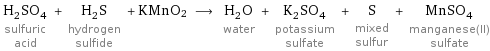 H_2SO_4 sulfuric acid + H_2S hydrogen sulfide + KMnO2 ⟶ H_2O water + K_2SO_4 potassium sulfate + S mixed sulfur + MnSO_4 manganese(II) sulfate