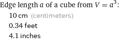 Edge length a of a cube from V = a^3:  | 10 cm (centimeters)  | 0.34 feet  | 4.1 inches