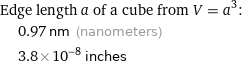 Edge length a of a cube from V = a^3:  | 0.97 nm (nanometers)  | 3.8×10^-8 inches