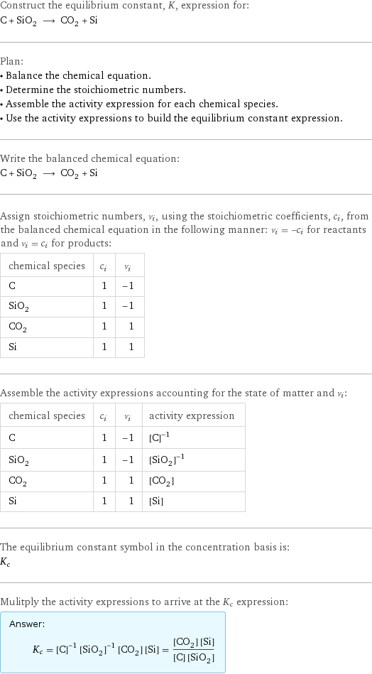 Construct the equilibrium constant, K, expression for: C + SiO_2 ⟶ CO_2 + Si Plan: • Balance the chemical equation. • Determine the stoichiometric numbers. • Assemble the activity expression for each chemical species. • Use the activity expressions to build the equilibrium constant expression. Write the balanced chemical equation: C + SiO_2 ⟶ CO_2 + Si Assign stoichiometric numbers, ν_i, using the stoichiometric coefficients, c_i, from the balanced chemical equation in the following manner: ν_i = -c_i for reactants and ν_i = c_i for products: chemical species | c_i | ν_i C | 1 | -1 SiO_2 | 1 | -1 CO_2 | 1 | 1 Si | 1 | 1 Assemble the activity expressions accounting for the state of matter and ν_i: chemical species | c_i | ν_i | activity expression C | 1 | -1 | ([C])^(-1) SiO_2 | 1 | -1 | ([SiO2])^(-1) CO_2 | 1 | 1 | [CO2] Si | 1 | 1 | [Si] The equilibrium constant symbol in the concentration basis is: K_c Mulitply the activity expressions to arrive at the K_c expression: Answer: |   | K_c = ([C])^(-1) ([SiO2])^(-1) [CO2] [Si] = ([CO2] [Si])/([C] [SiO2])