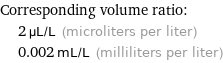 Corresponding volume ratio:  | 2 µL/L (microliters per liter)  | 0.002 mL/L (milliliters per liter)