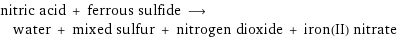 nitric acid + ferrous sulfide ⟶ water + mixed sulfur + nitrogen dioxide + iron(II) nitrate