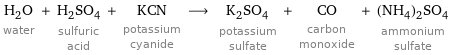 H_2O water + H_2SO_4 sulfuric acid + KCN potassium cyanide ⟶ K_2SO_4 potassium sulfate + CO carbon monoxide + (NH_4)_2SO_4 ammonium sulfate