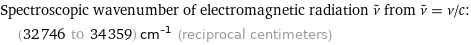 Spectroscopic wavenumber of electromagnetic radiation ν^~ from ν^~ = ν/c:  | (32746 to 34359) cm^(-1) (reciprocal centimeters)