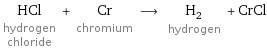 HCl hydrogen chloride + Cr chromium ⟶ H_2 hydrogen + CrCl