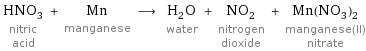 HNO_3 nitric acid + Mn manganese ⟶ H_2O water + NO_2 nitrogen dioxide + Mn(NO_3)_2 manganese(II) nitrate