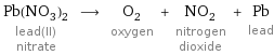 Pb(NO_3)_2 lead(II) nitrate ⟶ O_2 oxygen + NO_2 nitrogen dioxide + Pb lead
