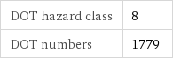 DOT hazard class | 8 DOT numbers | 1779