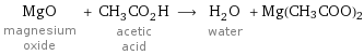 MgO magnesium oxide + CH_3CO_2H acetic acid ⟶ H_2O water + Mg(CH3COO)2