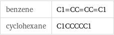 benzene | C1=CC=CC=C1 cyclohexane | C1CCCCC1