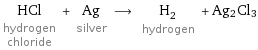 HCl hydrogen chloride + Ag silver ⟶ H_2 hydrogen + Ag2Cl3