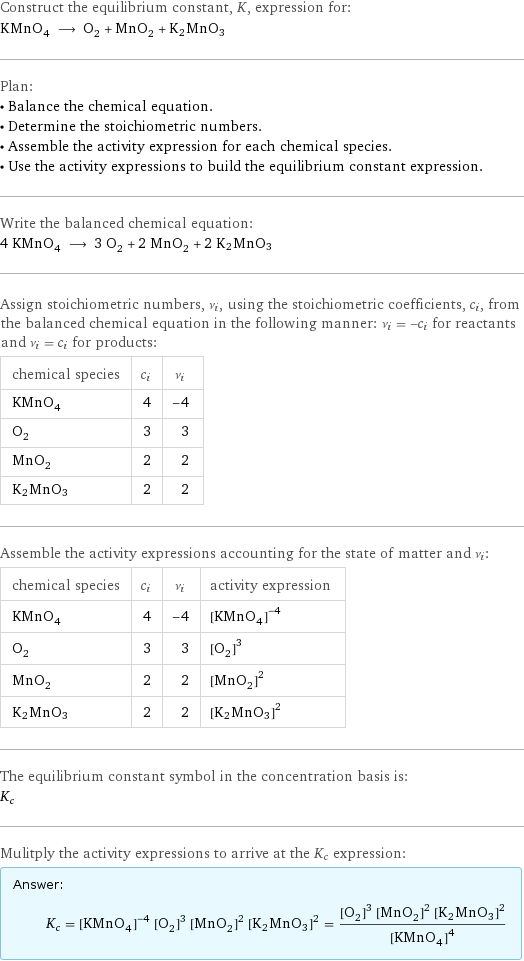 Construct the equilibrium constant, K, expression for: KMnO_4 ⟶ O_2 + MnO_2 + K2MnO3 Plan: • Balance the chemical equation. • Determine the stoichiometric numbers. • Assemble the activity expression for each chemical species. • Use the activity expressions to build the equilibrium constant expression. Write the balanced chemical equation: 4 KMnO_4 ⟶ 3 O_2 + 2 MnO_2 + 2 K2MnO3 Assign stoichiometric numbers, ν_i, using the stoichiometric coefficients, c_i, from the balanced chemical equation in the following manner: ν_i = -c_i for reactants and ν_i = c_i for products: chemical species | c_i | ν_i KMnO_4 | 4 | -4 O_2 | 3 | 3 MnO_2 | 2 | 2 K2MnO3 | 2 | 2 Assemble the activity expressions accounting for the state of matter and ν_i: chemical species | c_i | ν_i | activity expression KMnO_4 | 4 | -4 | ([KMnO4])^(-4) O_2 | 3 | 3 | ([O2])^3 MnO_2 | 2 | 2 | ([MnO2])^2 K2MnO3 | 2 | 2 | ([K2MnO3])^2 The equilibrium constant symbol in the concentration basis is: K_c Mulitply the activity expressions to arrive at the K_c expression: Answer: |   | K_c = ([KMnO4])^(-4) ([O2])^3 ([MnO2])^2 ([K2MnO3])^2 = (([O2])^3 ([MnO2])^2 ([K2MnO3])^2)/([KMnO4])^4