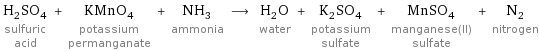 H_2SO_4 sulfuric acid + KMnO_4 potassium permanganate + NH_3 ammonia ⟶ H_2O water + K_2SO_4 potassium sulfate + MnSO_4 manganese(II) sulfate + N_2 nitrogen